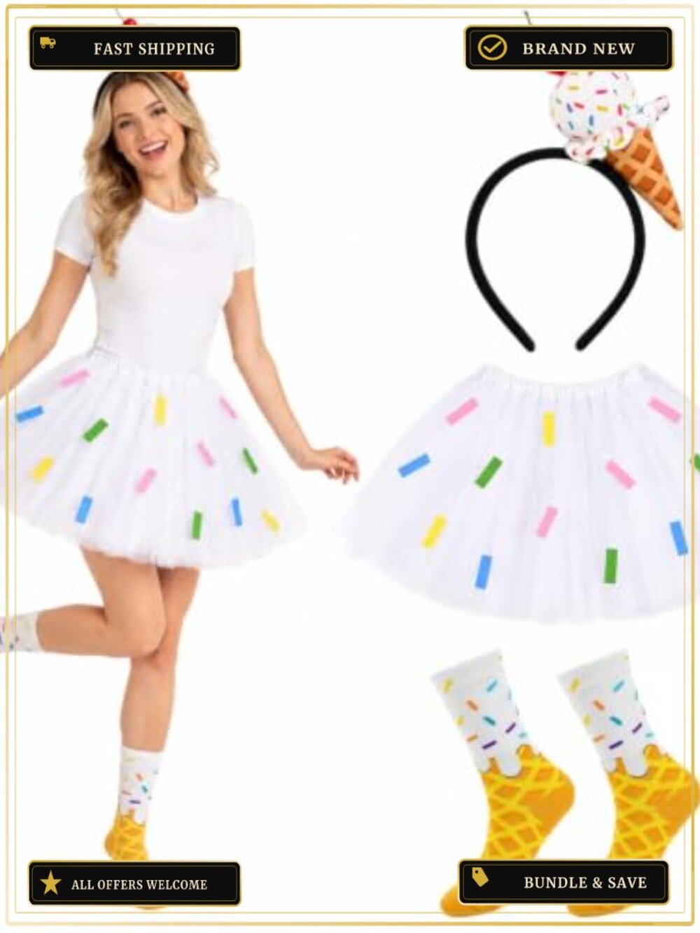 Ice Cream Costume Set Tutu Skirt Headband Socks Cosplay Party